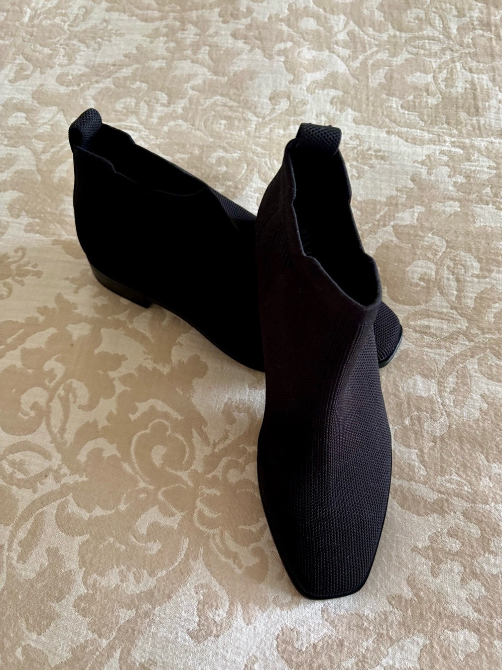 Black Knit Slip-On Ankle Booties with Low Block Heel